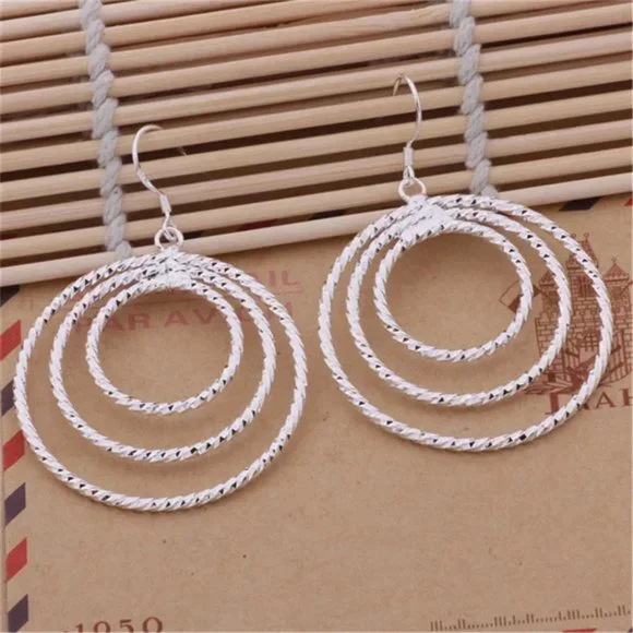 Gorgeous 3 Circles Hanging Earrings, Solid Sterling Silver "Hypoallergenic" - Picture 4 of 9